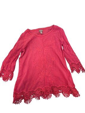 Chicos Pink Embroidered Tunic Top 0 Small Crochet Trim 3/4 Sleeves Boho Peasant
